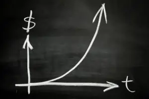Image of graph showing money increasing over time on a chalkboard