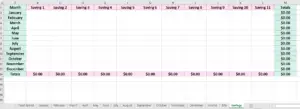 Savings page of yearly spending spreadsheet