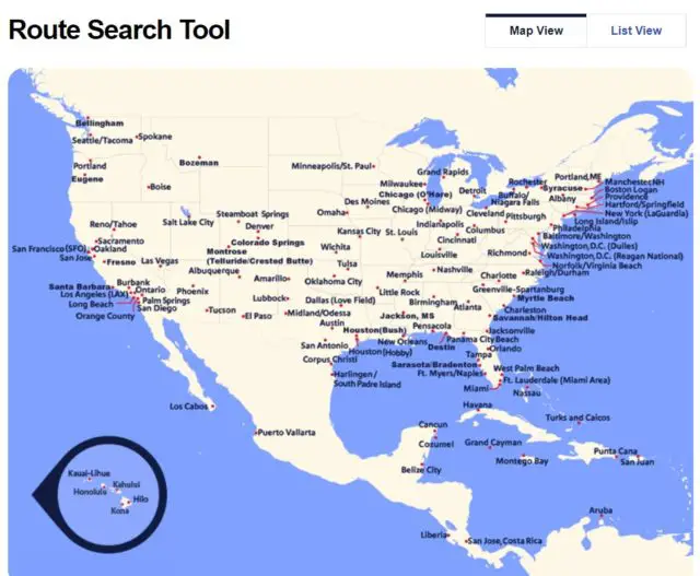 Southwest Airlines route map screenshot