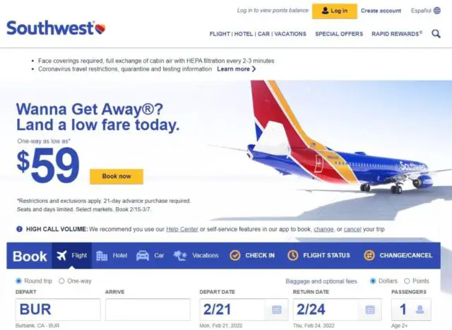 Southwest Airlines Website screenshot